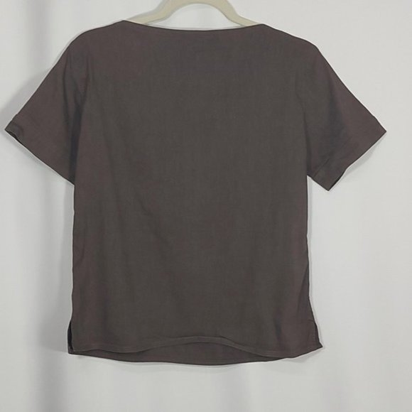 Theory Taupe Brown Linen Spandex Blend Boat Neck Short Sleeve Top SP D4 - Picture 2 of 7